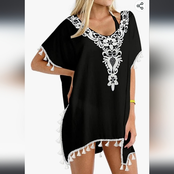 3/$18 Black Chiffon Swimsuit Cover Up with White Lace Detail and Fringe - Picture 1 of 4